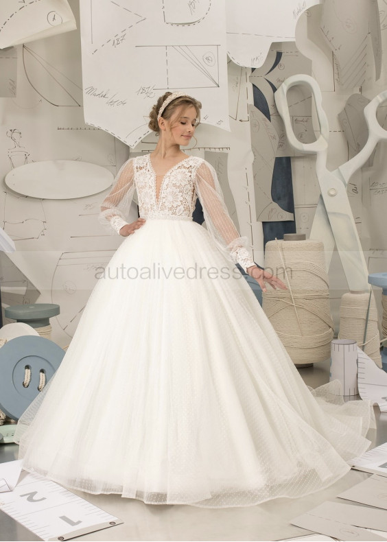 Long Sleeves Ivory Polka Dots Tulle Lace Romantic Flower Girl Dress Long Sleeves Ivory Polka Dots Tulle Lace Romantic Flower Girl Dress